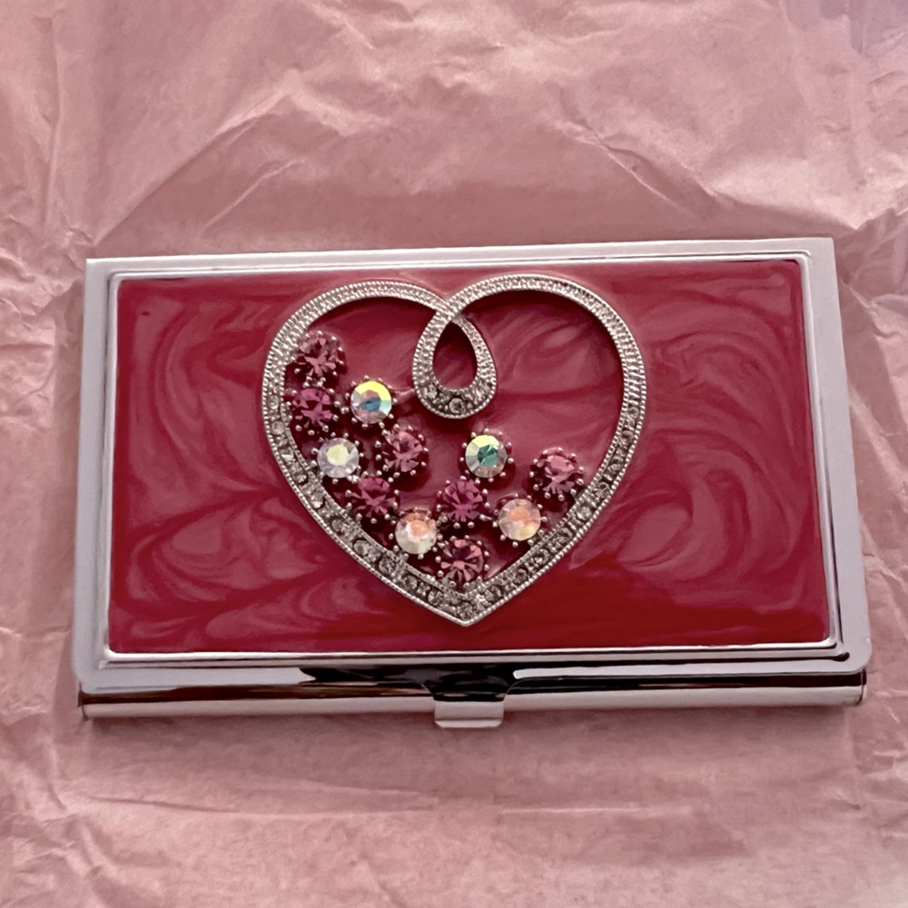 Spring Street Silver Tone Pink Business Card Holder With Jeweled Heart